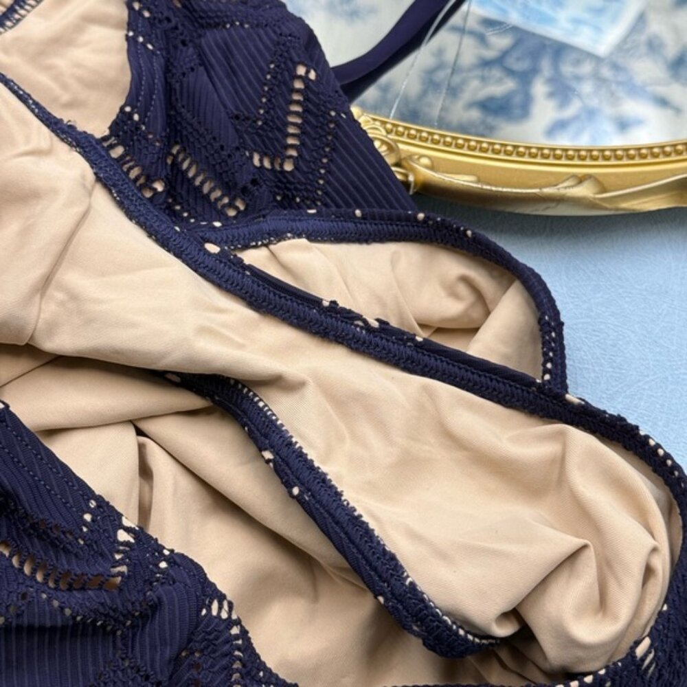 🆕 ZIMMERMANN 🧿NWOT Pointelle-Knit Halterneck Swimsuit, Plum-Navy, Sz 3 US 8/10 - Picture 14 of 14